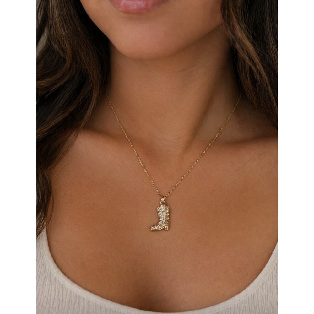 Ruff-skch Gold Rhinestone Cowboy Boot Necklace  New
